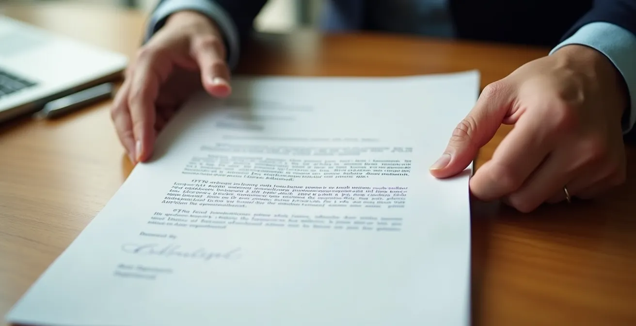 Gros plan d'une main tenant une lettre officielle posée sur une table en bois