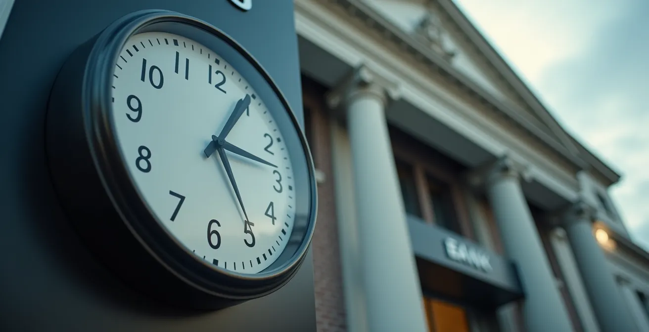 Horloge stylisée devant une façade bancaire symbolisant le délai et la sanction
